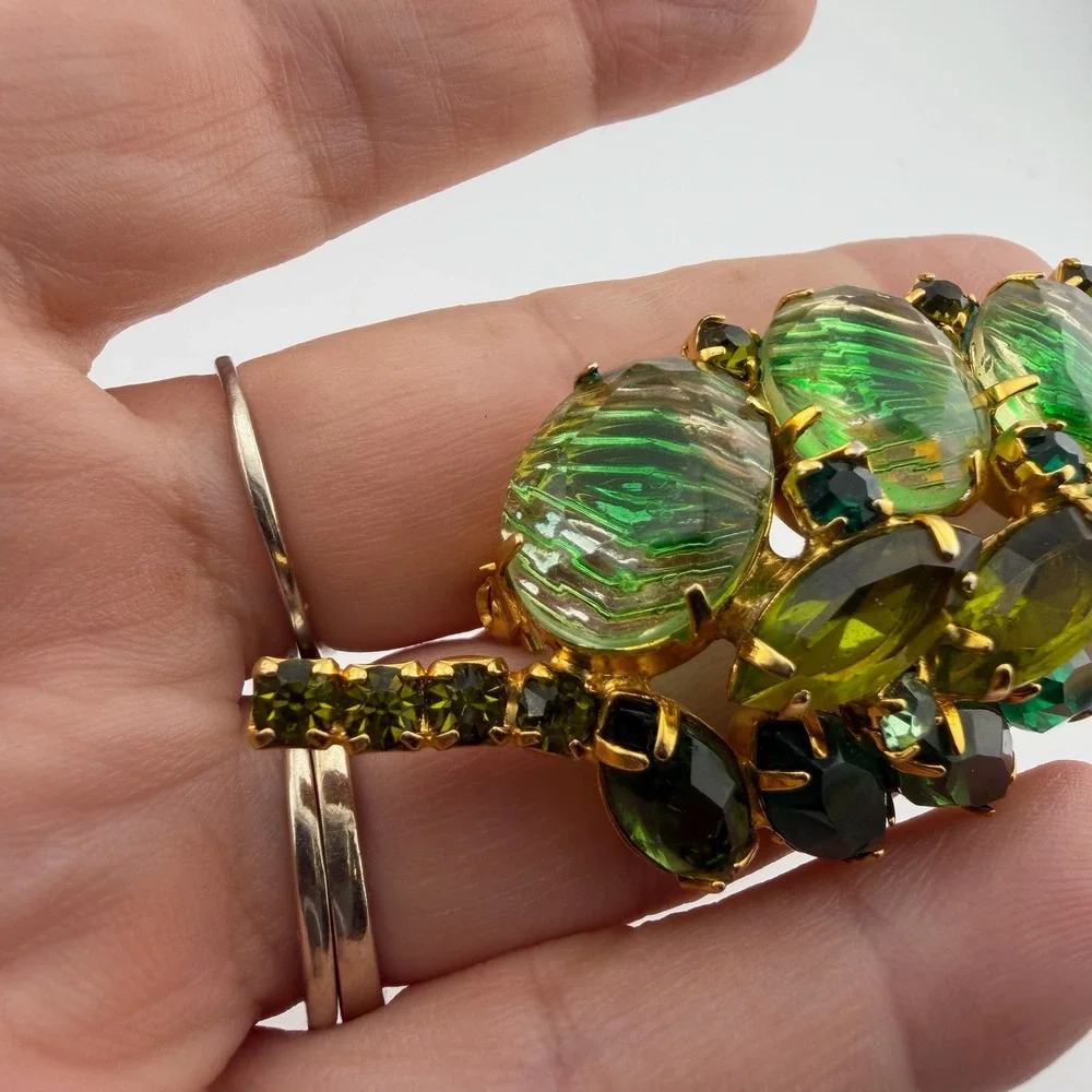 Vintage Reverse Carved Givre Rhinestone Leaf Brooch Statement Pin